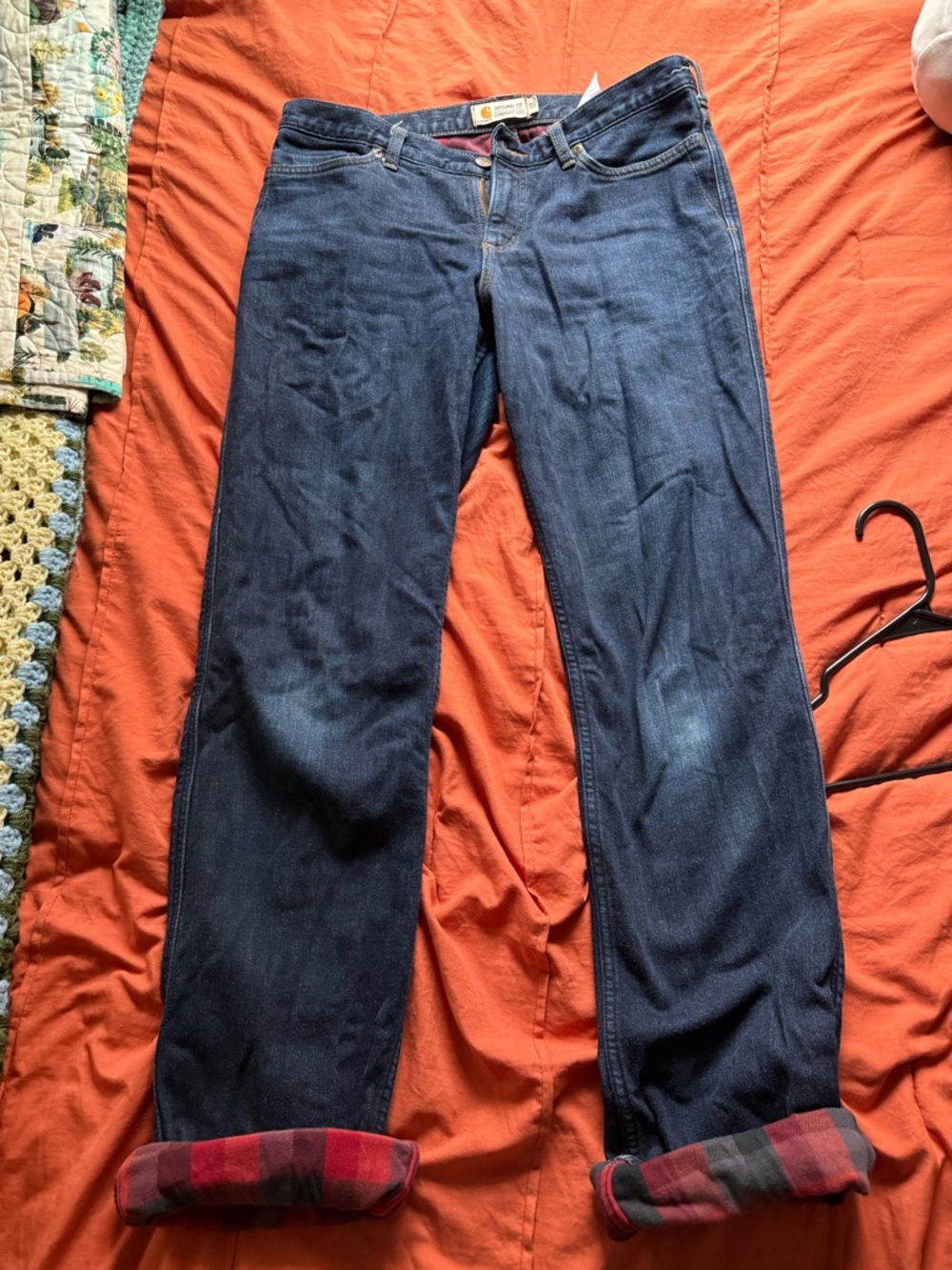 Carhartt Dark Blue Jeans with Red Plaid Lining